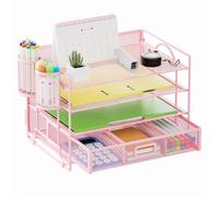 Marbrasse Desk Organiser Tray,Paper Trays for Desk,4 Tier Letter Tray Organiser with Drawer,2 Pen Holders,Mesh Desktop Tidy Organizer Storage for Home Office Supplies(Pink)