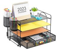 Marbrasse Desk Organiser Tray,Paper Trays for Desk,4 Tier Letter Tray Organiser with Drawer,2 Pen Holders,Mesh Desktop Tidy Organizer Storage for Home Office Supplies (Black)