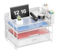 Marbrasse Desk Organiser Tray,Paper Trays for Desk,4 Tier Letter Tray Organiser With Drawer,2 Pen Holders,Mesh Desktop Tidy Organizer Storage for Home Office Supplies (White)