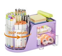 Marbrasse Desk Organiser with Drawer,360-Degree Rotating Pen Holder,Desk Organisers Accessories with 5 Compartments Pencil Organizer,Art Supply Storage Box Caddy for Home Office(Purple)