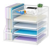 Marbrasse Desk Organizer and Office Accessories,5-Tier Paper Letter Tray Organizer with File Holder, Mesh Desktop Organiser for Desk, Office Supplies & Desk Tidy Organiser (White)
