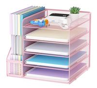 Marbrasse Desk Organizer and Office Accessories,5-Tier Paper Letter Tray Organizer with File Holder,Mesh Desktop Organiser for Office Supplies & Desk Tidy Organiser (Pink)