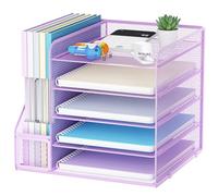 Marbrasse Desk Organizer and Office Accessories,5-Tier Paper Letter Tray Organizer with File Holder,Mesh Desktop Organiser for Office Supplies & Desk Tidy Organiser (Purple)