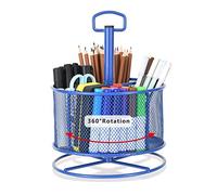 Marbrasse Mesh Desk Organiser, 360-Degree Rotating Multi-Functional Pen Holder,4 Compartments Desktop Stationary Organiser, Home Office Art Supply Storage Box Caddy Rack(Blue)