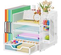 Marbrasse Mesh Desk Organiser,4-Tier Desk File Holder and Drawer,Multifunctional Desktop Paper Letter Tray with Pen Holder,Desktop Storage Organiser for Office Home and School(White)
