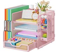 Marbrasse Mesh Desk Organiser,4-Tier Desk File Holder and Drawer,Multifunctional Desktop Paper Letter Tray with Pen Holder,Desktop Storage Organiser for Office Home and School (Pink)