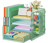 Marbrasse Mesh Desk Organiser,4-Tier Desk File Holder and Drawer,Multifunctional Desktop Paper Letter Tray with Pen Holder,Desktop Storage Organiser for Office Home and School (Green)