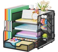 Marbrasse Mesh Desk Organiser,4-Tier Desk File Holder and Drawer,Multifunctional Desktop Paper Letter Tray with Pen Holder,Desktop Storage Organiser for Office Home and School (Black)