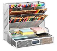 Marbrasse Mesh Desk Organiser,Multi-Functional Pen Holder, Pen Organiser for Desk,Desktop Stationary Storage Rack for School Home Office Art Supplies(Silver Pen Holder with Drawer)