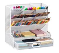 Marbrasse Mesh Desk Organiser,Multi-Functional Pen Holder,Pen Organiser for Desk,Desktop Stationary Storage Rack for School Home Office Art Supplies(White with drawer)