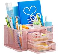 Marbrasse Mesh Desk Organiser, Pen Organiser with 2 Drawer, Multi-Functional Pencil Holder for Accessories with 5 Compartments + Drawer for Home Office Supplies (Pink)