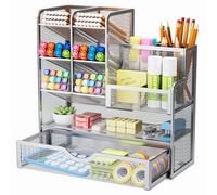 Marbrasse Mesh Desk Organiser,Stationary Organiser,Multifunctional Pen Holder,Desktop Storage and Drawer for Home Office (Silver)