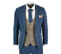 Marc Darcy Dion - Men's Blue Tan Brown 3 Piece Herringbone Tweed Check Suit - 42" Jacket 36" Trousers