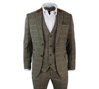 Marc Darcy Dx7 - Men's Check Herringbone Tweed Tan Brown 3 Piece Suit Wedding - 44" Jacket 38" Trousers