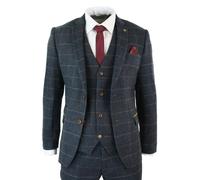 Marc Darcy Eton - Men's Navy Blue Wine Check Herringbone Tweed 3 Piece Suit - 50" Jacket 44" Trousers