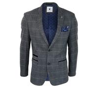 Marc Darcy Mens Blue Check Blazer Herringbone Tweed Vintage Tailored Fit Grey Velvet - Grey - 38
