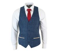 Marc Darcy Men's Herringbone Tweed Check Waistcoat Velvet Trim Blue Brown Grey - Blue - 42