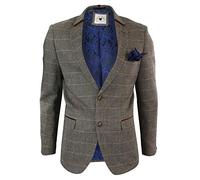 Marc Darcy Mens Herringbone Tweed Tan Brown Slim Fit 2 Button Blazer Check Jacket