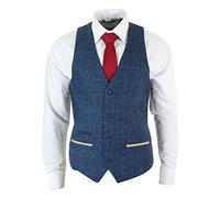 Marc Darcy Mens Herringbone Tweed Vintage Check Waistcoat Velvet Trim Blue Brown Grey