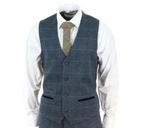 Marc Darcy Mens Slim Fit Check Blue Scott Waistcoat Smart Casual Tweed Tan Check Navy - 50