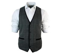 Marc Darcy Men's Tweed Check Waistcoat Herringbone Tan Brown Grey Velvet Trim - Charcoal - 34