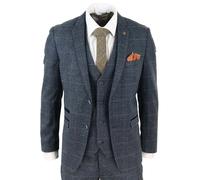 Marc Darcy Scott - Men's Blue Check 3 Piece Suit Herringbone Tweed Grey Velvet - 34" Jacket 28" Trousers