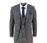 Marc Darcy Scott - Men's Grey Check 3 Piece Suit Herringbone Tweed Blue Velvet - 42" Jacket 36" Trousers
