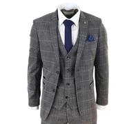 Marc Darcy Scott - Men's Grey Check 3 Piece Suit Herringbone Tweed Blue Velvet - 44" Jacket 38" Trousers