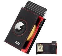 Marc Peter AirTag Wallet - Full Grain Leather, Mens Minimalist Wallet with Apple Air Tag Holder, Slim Smart Pop up Card Case, ID Window, RFID Blocking Wallet for Men and Woman, Black/Red, Airtag