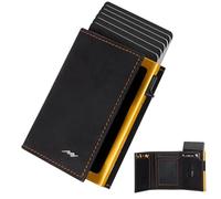 Marc Peter Men's Slim Wallet with Coin Compartment & RFID Protection, Leather Wallet, 9 Compartments for Credit Cards, Card Holder, Small Men, black/orange, Magnetverschluss, Casual