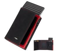 Marc Peter Men's Slim Wallet with Coin Compartment & RFID Protection, Leather Wallet, 9 Compartments for Credit Cards, Card Holder, Small Men, black/red, Magnetverschluss, Casual