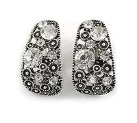 Marcasite C-Shape Crystal Clip-On Earrings In Aged Silver Tone/ 27mm Tall
