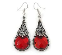 Marcasite Hematite Crystal, Red Glass, Filigree Teardrop Earrings - 53mm L