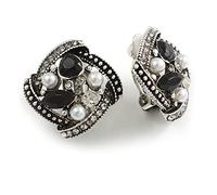Marcasite Style Square Black/Clear Crystal White Faux Peal Clip On Earrings In Aged Silver Tone/ 20mm Tall