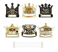 MARCBUSE 6PCS 2026 New Year Party Hat Thick Paperboard Comfortable Crowns Headwears For Adults Children Festival Photo Supplies Black Golden Cardboard Party Hat