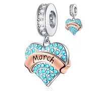 March Birthstone Charms fits Pandora Birthday Bracelet/Necklace, 925 Sterling Silver Sparkling Pave Heart Aquamarine Birth Stone Pendant Beads, Gift for Spring/St Patricks Day/Grandma