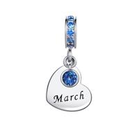 March Sea Aqua Blue Cubic Zirconia Birthstone Heart Dangle Charm Compatible with Pandora Charms Bracelets