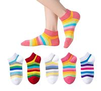 Marchare Girls Seamless Socks Rainbow Stripes Cotton Socks Kids 6-8 Years School Crew Socks 5 Pack