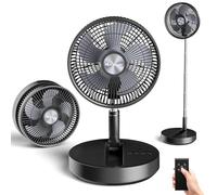 Marchpower Portable Standing Fan Foldable Rechargeable 7200mAh Remote Control Adjustable Height 4 Speed Quiet Pedestal Floor Fan 10" for Bedroom Fishing Beach Camping-Black