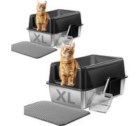 Marchul 2PACK Cat Litter Tray, XL Stainless Steel Litter Boxes 60x40x31CM, Extra Large, Anti-Urine Leakage, Non-Sticky, Easy to Clean, Anti-scratch, (Includes Mat and Metal Scoop)