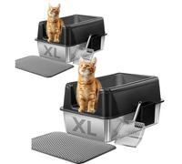 Marchul 2PACK Cat Litter Tray, XL Stainless Steel Litter Boxes 60x40x31CM, Extra Large, Anti-Urine Leakage, Non-Sticky, Easy to Clean, Anti-scratch, (Includes Mat and Metal Scoop)