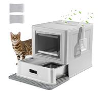 Marchul Cat Litter Box, Enclosed Stainless Steel Cat Litter Box with Lid & Drawer Design, Litter Tray with lid for Indoor Cats, Baffles for Anti-Leakage, with Scoop & Mat, Smell Free