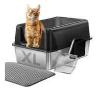 Marchul Cat Litter Tray, XL Stainless Steel Litter Boxes 60x40x31CM, Extra Large, Anti-Urine Leakage, Non-Sticky, Easy to Clean, Anti-scratch, (Includes Mat and Metal Scoop)