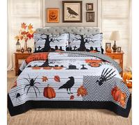 MarCielo 3 Pcs Halloween Quilt Bedspread Set Crows Pumpkins & Ghosts Spooky Comforter Set (Halloween Black, Queen)