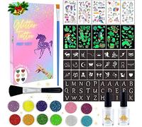 MarckersHome Glitter Tattoos Kit, Temporary Tattoo For Kids, With Unicorn Mermaid Tattoo, 12 Colors Glitter, Unique Stencils, Great Birthday Party Gift for Girls