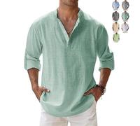 Marco Luca Classic Shirt, Sleeve Casual Beach Shirt with Stand Collar, Mens Linen Long Sleeve Button-Up Lapel Shirts (Light Green,L)