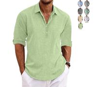Marco Luca Classic Shirt, Sleeve Casual Beach Shirt with Stand Collar, Mens Linen Long Sleeve Button-Up Lapel Shirts (Green,XL)