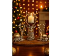 Marco Paul 1 Stag Glass Candle Holder with 2Pcs Silver Reindeers Tealight Holders - Table Decorations Centrepiece - Christmas Decorations For Indoors - Christmas Table Decoration-Pillar Candle Holder