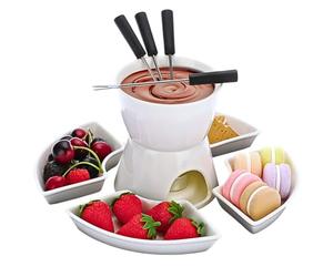 Marco Paul 10pc White Ceramic Chocolate Fondue Set with Stainless Steel Forks and 4 Half Moon Serving Dishes, Microwave Dishwasher Safe Cheese Fondue Sets Tealight Candle Mother's Day Birthday Gift