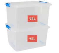 Marco Paul 2 Pack 75L Storage Boxes with Lids Clear Plastic Storage Containers Stackable Storage Bins Heavy Duty Home Storage Organiser for Clothes Toys Garage Loft Bedroom